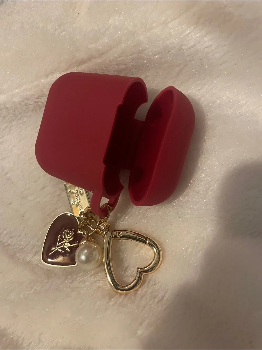 Silicone Heart Charm Keychain AirPods Case - Red